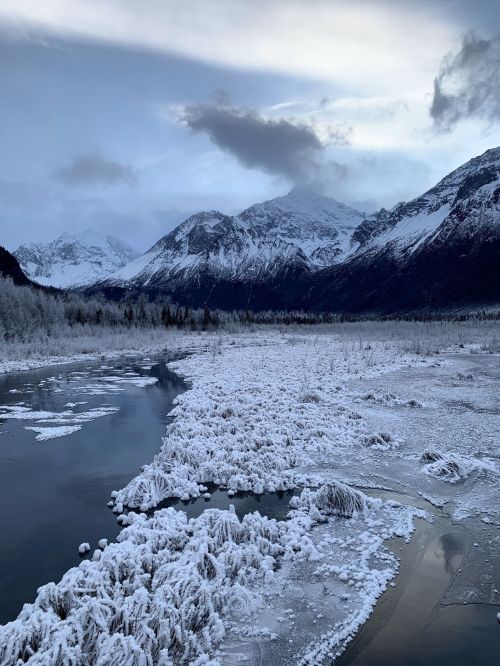 A snowy landscape with a river, mountains in the background, and a cloudy sky, creating a serene winter scene.