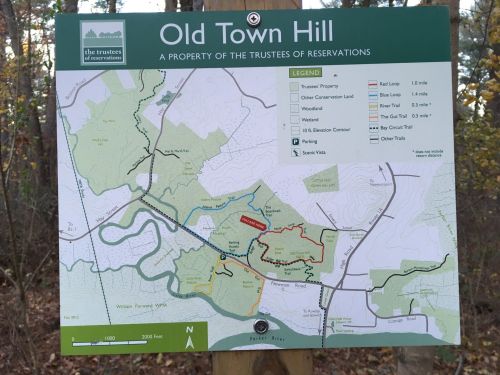 Map of Old Town Hill showing trails, property boundaries, and parking information.