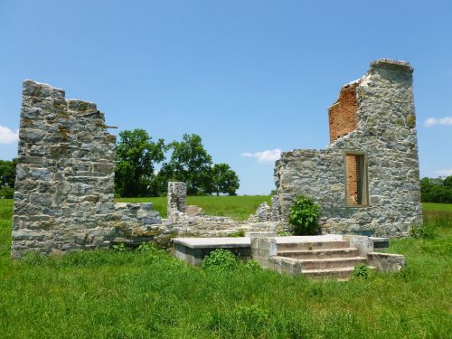 Ruins of a stone building with a partially collapsed wall, surrounded by green grass and trees under a clear blue sky.