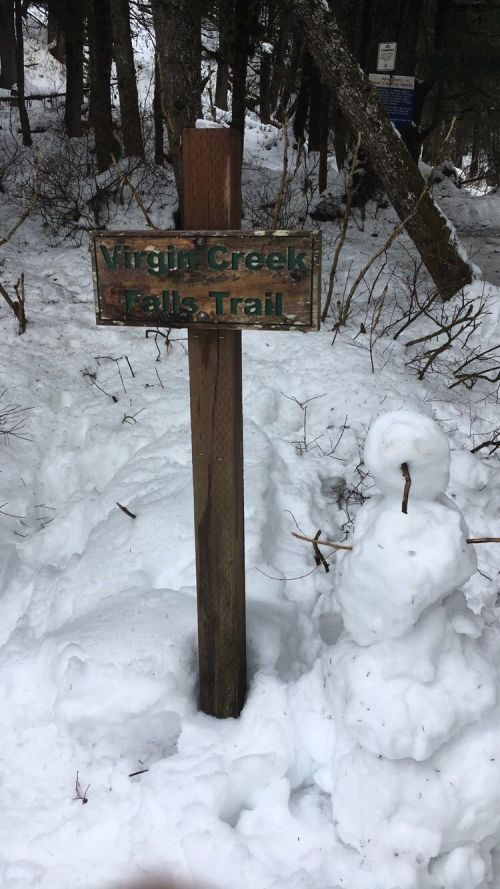 A wooden sign for "Virgin Creek Falls Trail" next to a small snowman in a snowy landscape.