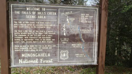 Sign welcoming visitors to the Falls of Hills Creek Scenic Area, detailing trails and waterfall heights in Monongahela National Forest.
