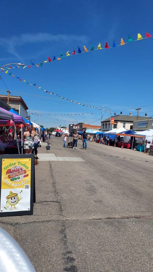 A lively street fair with colorful flags, vendor tents, and people enjoying the sunny day.