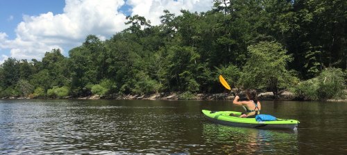 A person paddles a green kayak on a calm river surrounded by lush trees and a blue sky with clouds.