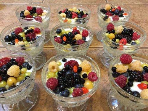 Nine glass bowls filled with yogurt and topped with a variety of colorful berries and fruits.
