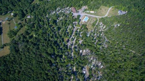 Aerial view of a wooded area with a pool and several buildings nestled among the trees.