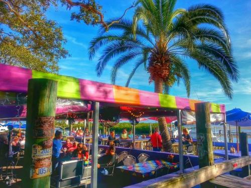 Colorful outdoor dining area by the water, featuring palm trees and patrons enjoying their meals under bright skies.