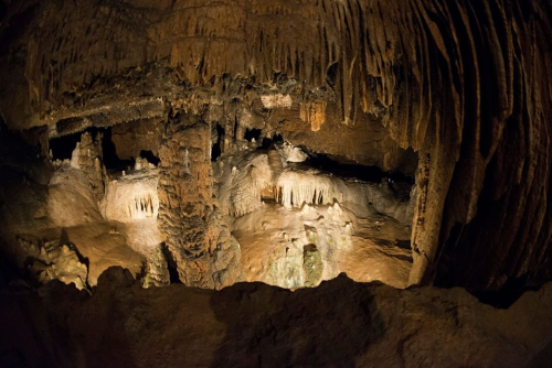 A dimly lit cave interior featuring stalactites and stalagmites, with rocky formations and shadows creating a mysterious atmosphere.