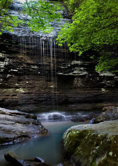 A serene waterfall cascading over rocky cliffs, surrounded by lush green foliage and a calm pool below.