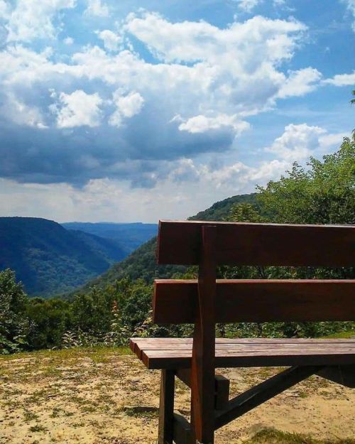 A wooden bench overlooks a lush valley under a partly cloudy sky, inviting peaceful contemplation in nature.