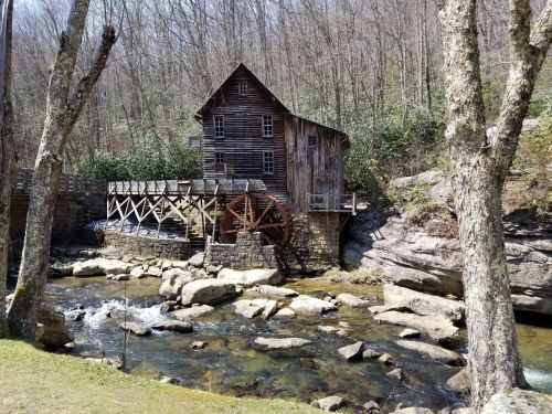 A rustic wooden mill with a water wheel beside a rocky stream, surrounded by trees and greenery.