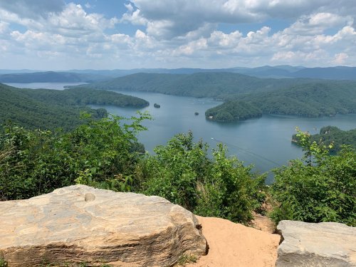 A scenic view of a lake surrounded by green mountains under a partly cloudy sky. Rocks in the foreground.