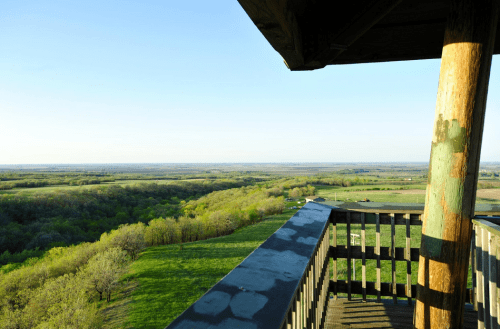 A scenic view from a wooden lookout tower, overlooking lush green fields and rolling hills under a clear blue sky.
