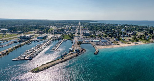 aerial shot of mackinaw city michigan along lake michigan