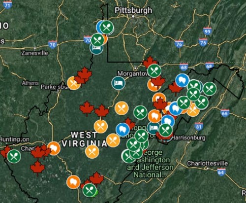 Map of West Virginia showing various locations marked with icons for outdoor activities and points of interest.