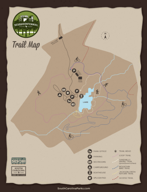 Map of Sesquicentennial State Park showing trails, facilities, and a lake, with marked points of interest.