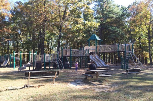 A playground with slides and climbing structures surrounded by trees, with a few benches and children playing nearby.