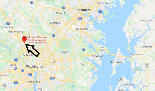 Map highlighting the location of Mosaic Cuisine near Washington, D.C., with nearby cities and landmarks.