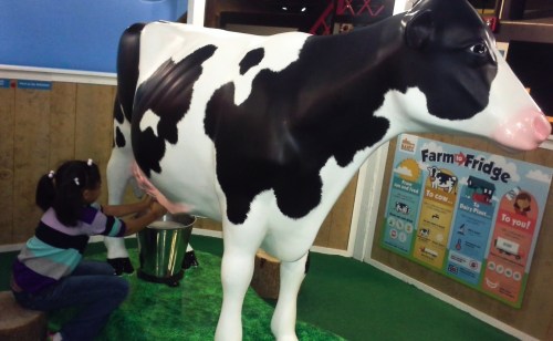 A child milking a life-sized model cow in an educational exhibit about farming.