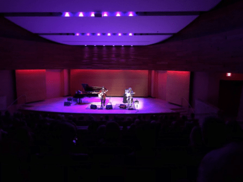 A musician performs on stage with a piano in a dimly lit concert hall, purple lights illuminating the scene.