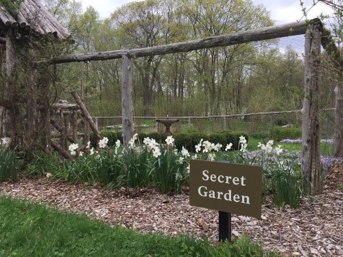 A wooden fence surrounds a lush garden with blooming white flowers and a sign that reads "Secret Garden."