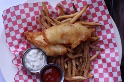 A plate of crispy fried fish and golden French fries, served with tartar sauce and ketchup in small bowls.