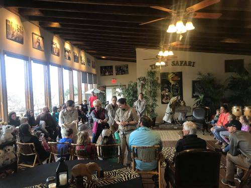 A group of people, including children and adults, gather in a spacious room with animal-themed decor for an event.
