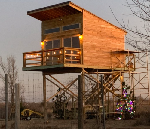 A wooden treehouse on stilts, adorned with lights, surrounded by trees and a colorful Christmas tree nearby.