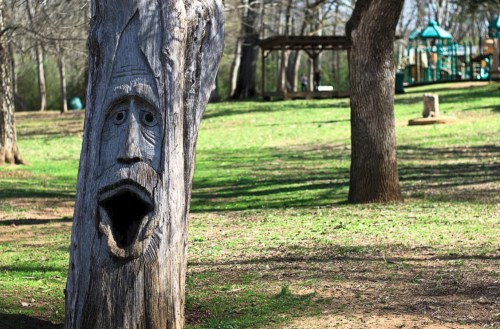 A carved tree trunk with a face, set in a grassy park with playground equipment in the background.