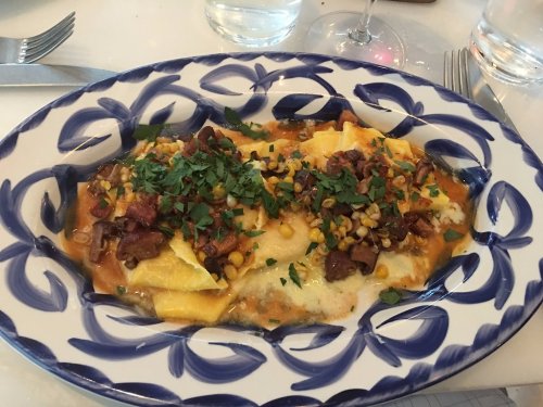 A plate of ravioli topped with a savory meat and corn sauce, garnished with fresh herbs on a decorative dish.
