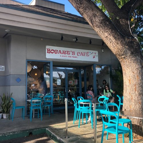 Exterior of Bogart's Café with a sign, outdoor seating, and a large tree nearby. Bright blue chairs are visible.