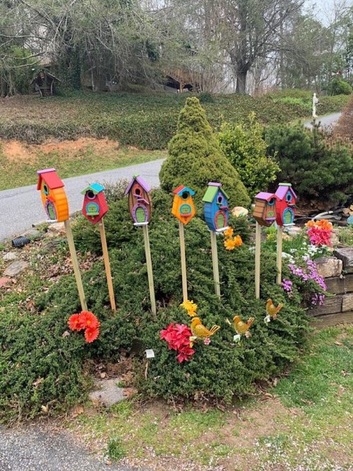 Colorful birdhouses on poles in a garden, surrounded by flowers and greenery, with a pathway in the background.