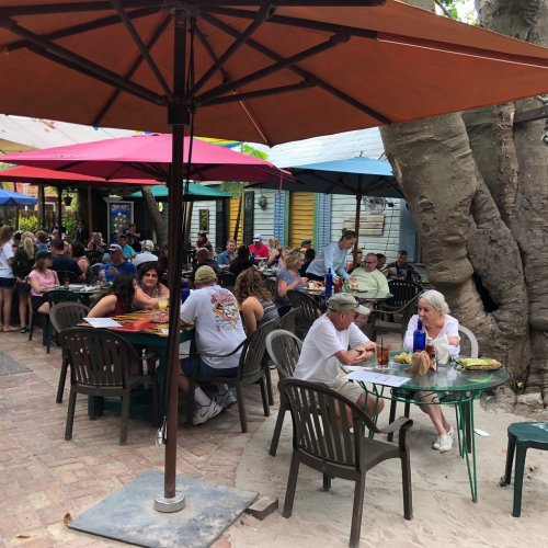 A bustling outdoor restaurant with colorful umbrellas, filled with diners enjoying meals under large trees.