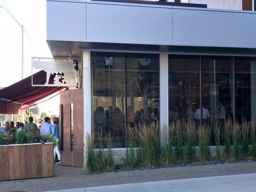 A modern restaurant with large glass windows, featuring indoor seating and outdoor plants along the entrance.