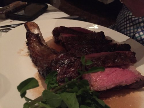 A plate of perfectly cooked ribeye steak, sliced and garnished with fresh herbs, served with a rich sauce.