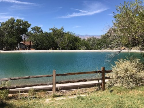 A serene pond surrounded by trees and a wooden fence, with mountains visible in the distance under a clear blue sky.