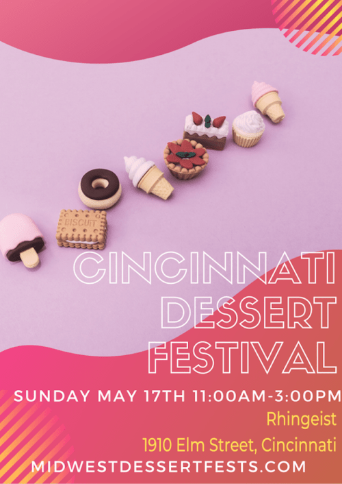 Colorful desserts including cupcakes, cookies, and ice cream, with event details for the Cincinnati Dessert Festival.