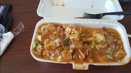 A takeout container filled with chicken and rice in a savory sauce, garnished with green onions.