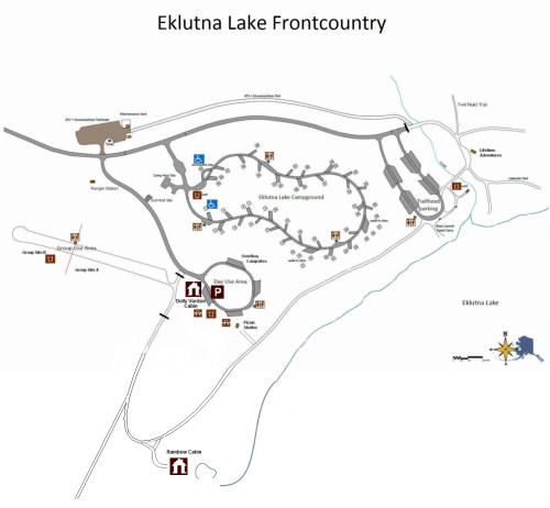Map of Eklutna Lake Frontcountry, showing campgrounds, trails, and facilities in the area.