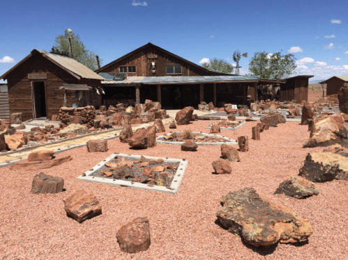 A rustic wooden building surrounded by colorful petrified wood pieces on a gravel landscape under a blue sky.