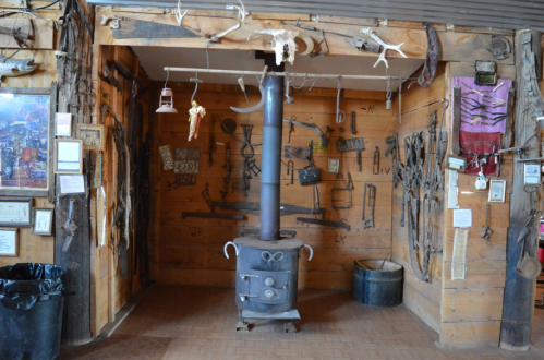 A rustic wooden room featuring a black stove, various tools, and mounted decorations on the walls.