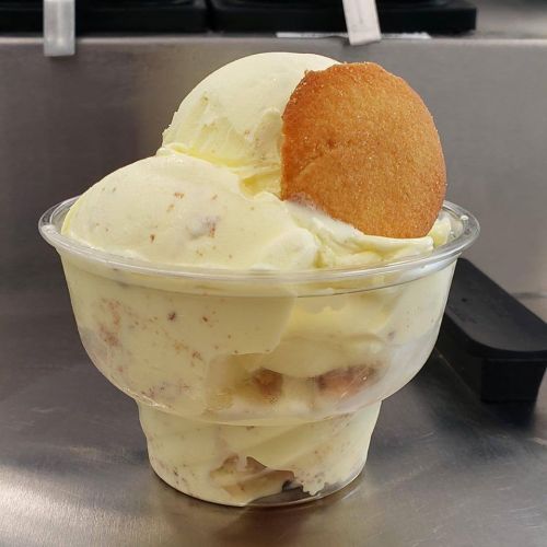 A clear cup filled with creamy vanilla ice cream topped with a cookie and layered with crumbled cookies.
