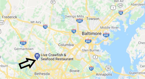 Map showing Baltimore, Maryland, with an arrow pointing to Live Crawfish & Seafood Restaurant near Glen Burnie.