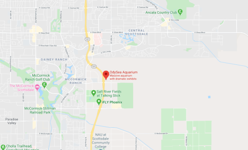 Map showing the location of OdySea Aquarium in Scottsdale, Arizona, near McCormick Ranch and other landmarks.