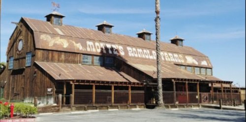 A rustic wooden barn with a metal roof, featuring the sign "Motty's Romola Farms" and palm trees nearby.