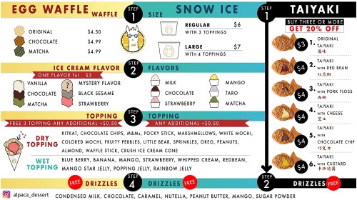 Menu featuring egg waffles, snow ice, taiyaki, and various flavors, toppings, and drizzles with pricing details.