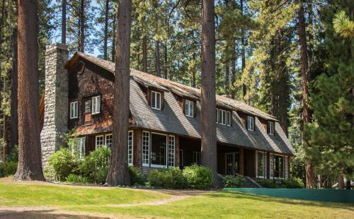A rustic wooden house surrounded by tall trees and greenery, set in a serene forest landscape.