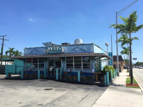 A colorful restaurant with a dolphin mural, surrounded by palm trees and a clear blue sky.