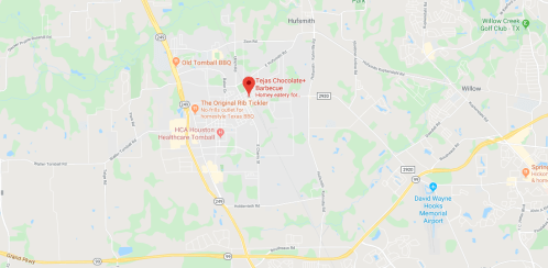 Map showing locations in Tomball, Texas, including Teas Chocolate Barbecue and HCA Houston Healthcare Tomball.