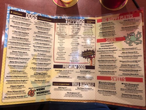 Menu featuring various hot dogs, toppings, big plates, sides, and desserts, with prices listed for each item.