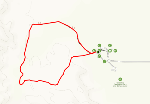 Map showing a red trail route at Toadstool Geologic Park, with a campground and facilities marked nearby.